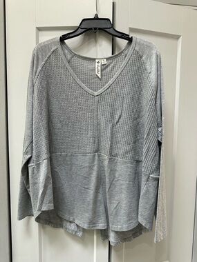 Others Follow Light Gray Waffle Knit V-Neck Long Sleeve Top